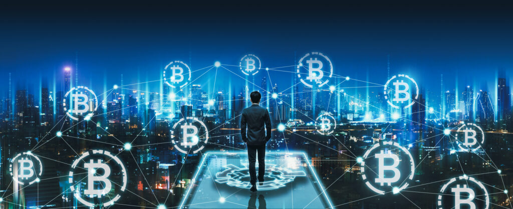 Crypto currency bitcoin and digital network concept, Professional business man walking on future smart city background at night