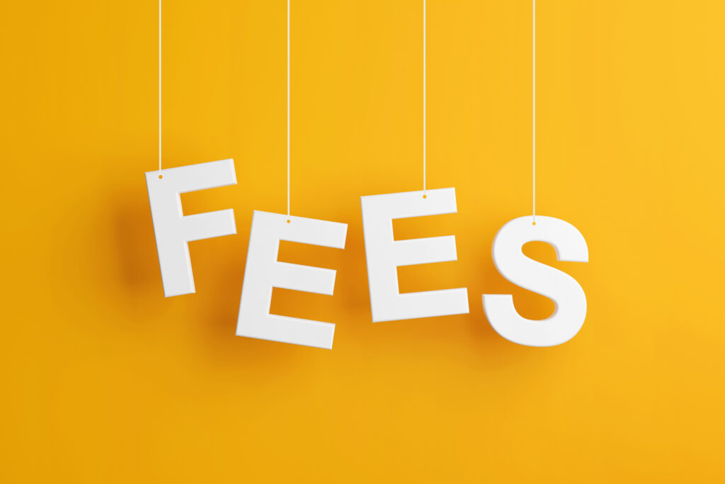 The word fees levitates on yellow background. 3D render.