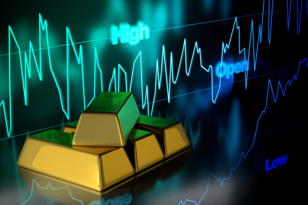 3D rendering gold bars or bullions with gold price chart background.
