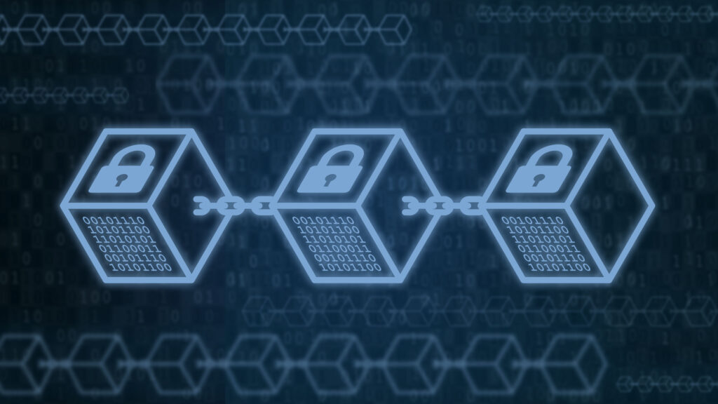 Blocks with locks on dark blue background. Future innovation, blockchain technology, token money. Data protection, security crypto digital, efficiency
