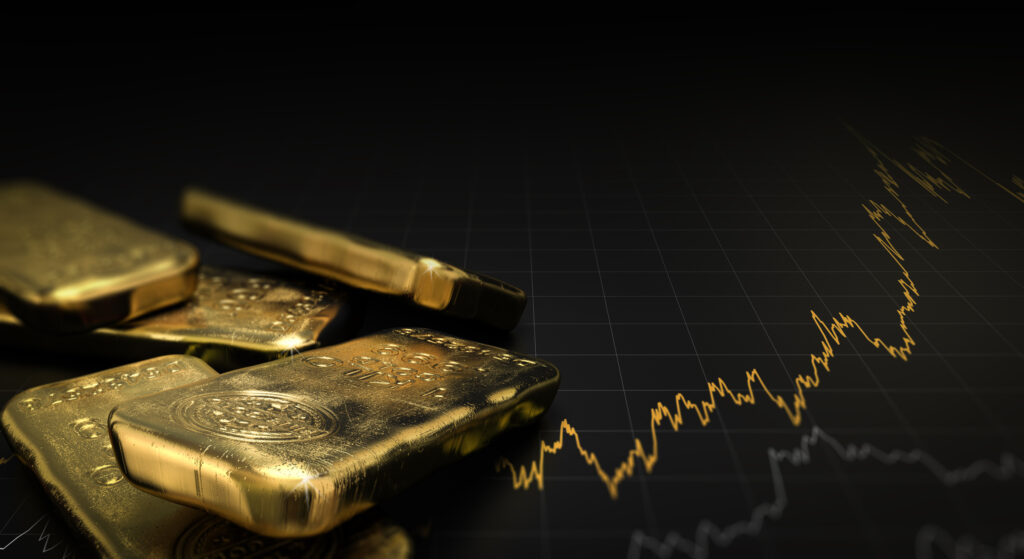 3D illustration of gold over black background with a chart. Financial concept, horizontal image.