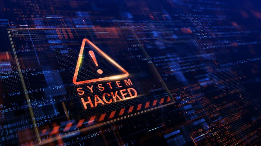 Warning of a system hacked. Virus, cyber attack, malware concept.