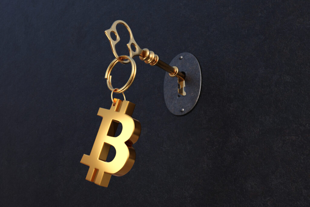 Old golden key with a bitcoin key holder put into a rusty metallic door. 