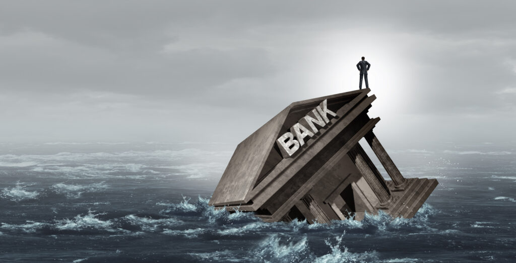 Banking Default and Bank Crisis or as Banks drowning in debt with financial instability or insolvency concept as an urgent business and global market problem as a 3D illustration.