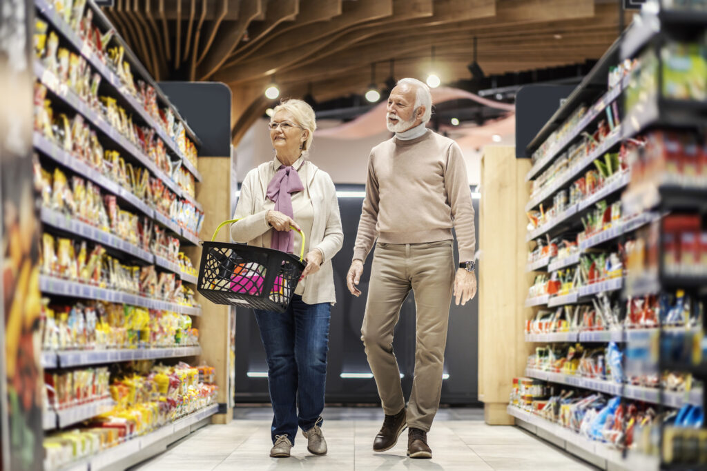 Retirees running errands at grocery store