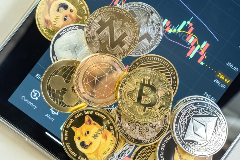 Cryptocurrency on Binance trading app, Bitcoin BTC with altcoin digital coin crypto currency, BNB, Ethereum, Dogecoin, Cardano