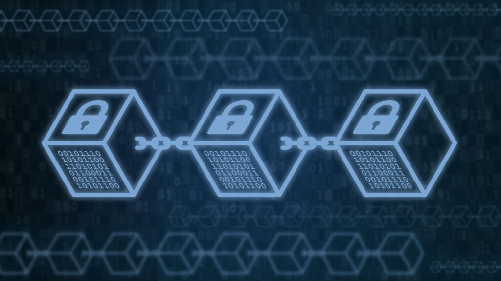 Blocks with locks on dark blue background. Future innovation, blockchain technology, token money. Data protection, security crypto digital